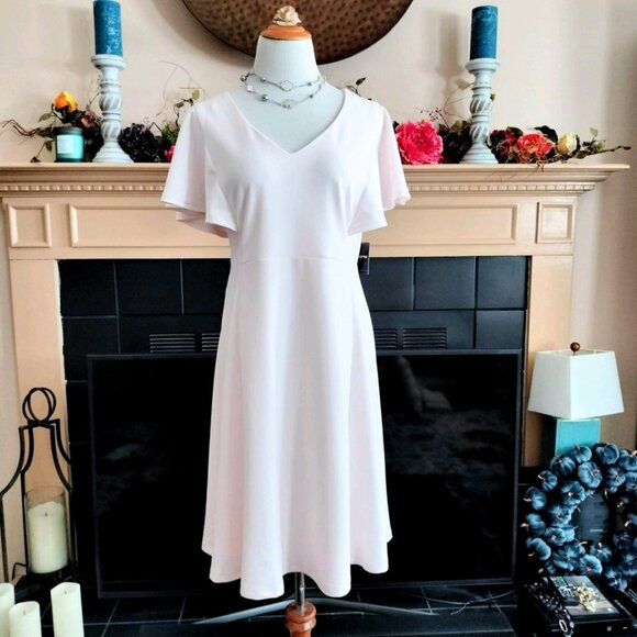 Liz Claiborne Blush Pink Knit Dress 16 A-Line Flutter Sleeve Lined Princess Seam - Picture 1 of 8